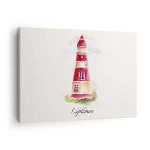 Quadro em tela - Uma pintura em aquarela de um farol sobre um fundo claro com uma inscrição - 70x50cm - Sempre há clima - Decoração de parede moderna para a sala de estar e quarto ARTTOR
