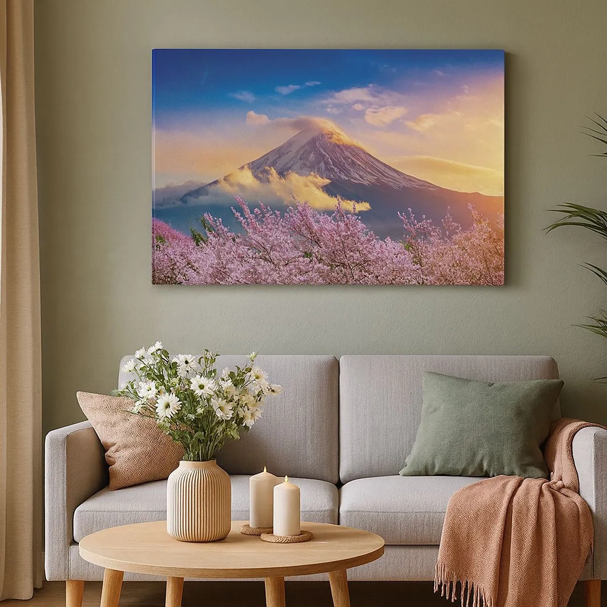 Quadro em tela - Monte Fuji com flores de cerejeira ao fundo ao pôr do sol - 70x50cm - Santidade japonesa - Decoração de parede moderna para a sala de estar e quarto ARTTOR