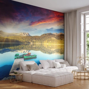 Papel de Parede Premium Canvas - Sobre a água tão lisa como um espelho - Paisagem, Montanhas, Floresta - 150x105 cm