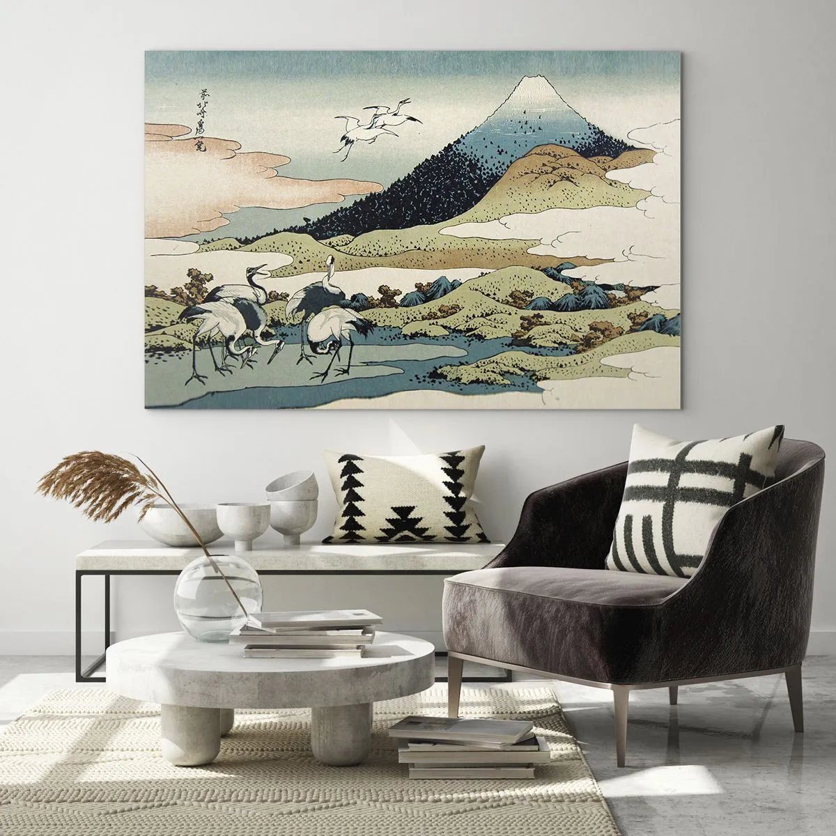 Quadro em vidro - Uma pintura de pássaros em uma paisagem japonesa com vista para o Monte Fuji. - 70x50cm - No espírito japonês - Decoração de parede moderna para a sala de estar e quarto ARTTOR