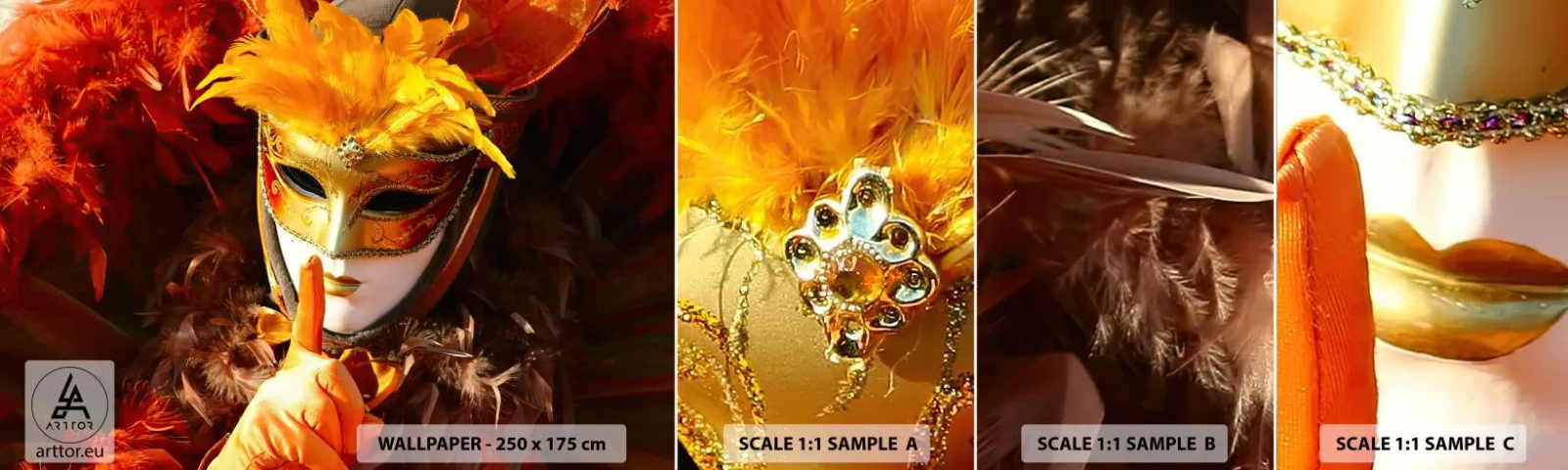 Amostra de papel de parede autocolante Deluxe Sticker - O mistério faz parte do jogo - Máscara veneziana, Pedaço, Veneza - 100x30 cm