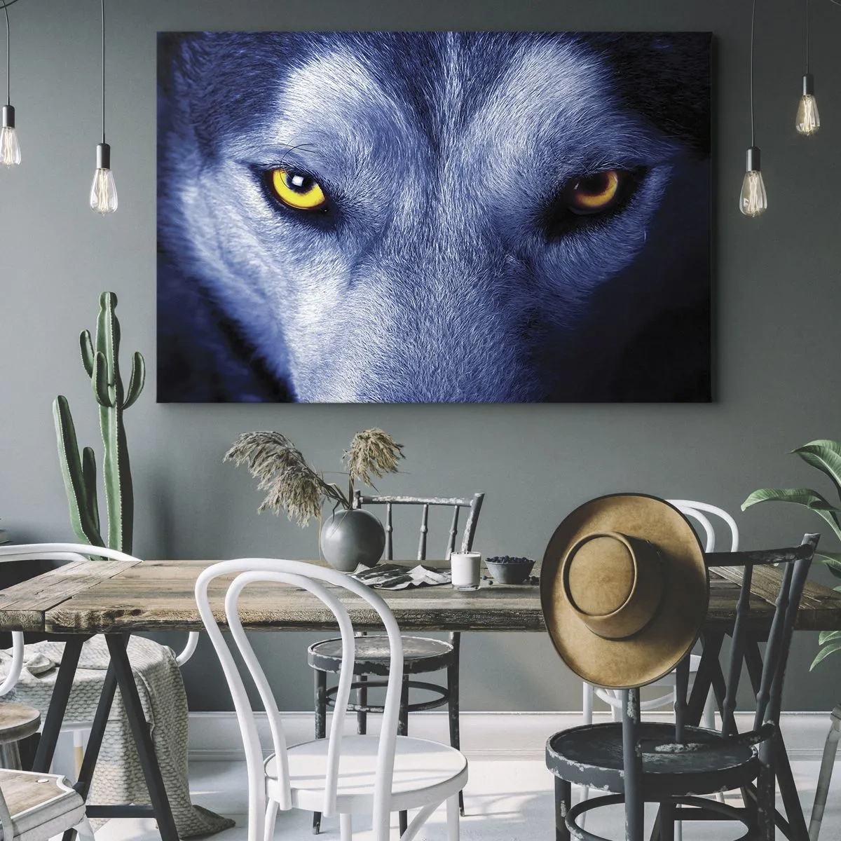 Quadro em tela - Close-up do olhar intenso de um lobo contra um fundo escuro - 70x50cm - Olhar hipnotizante - Decoração de parede moderna para a sala de estar e quarto ARTTOR