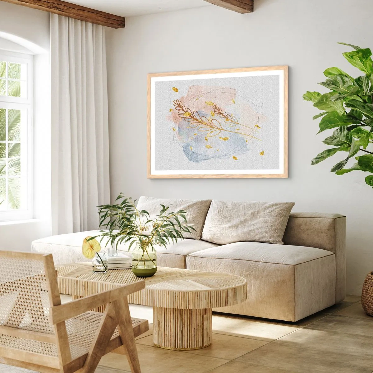 Pôster com moldura de carvalho claro - Explosão dourada - 100x70 cm