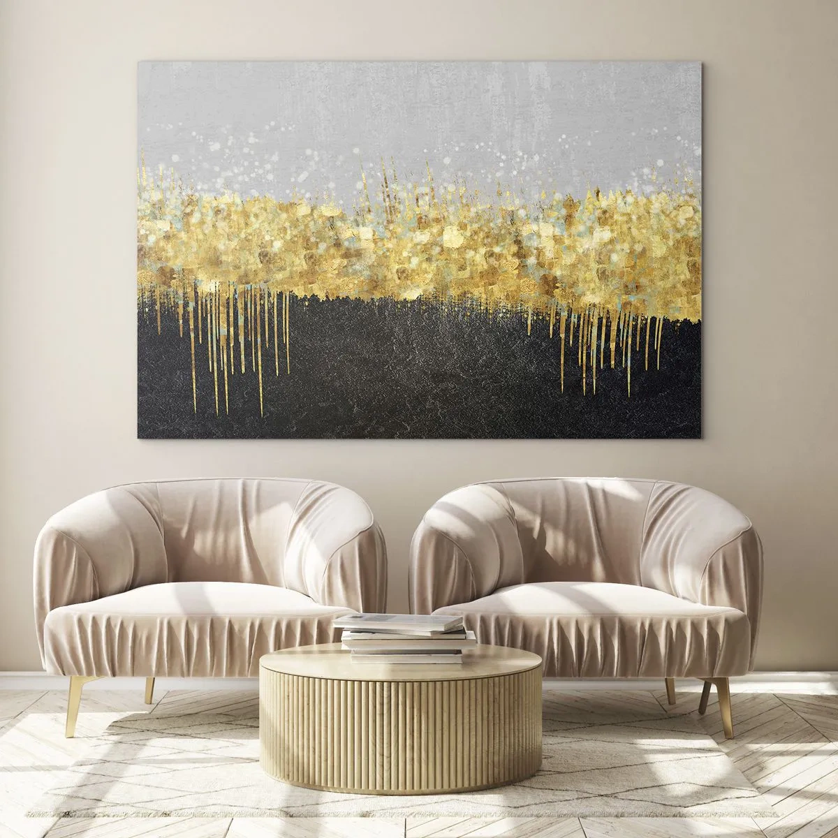 Quadro em vidro - Abstração dourada com contraste preto e cinza - 70x50cm - Para dentro e para cima - Decoração de parede moderna para a sala de estar e quarto ARTTOR