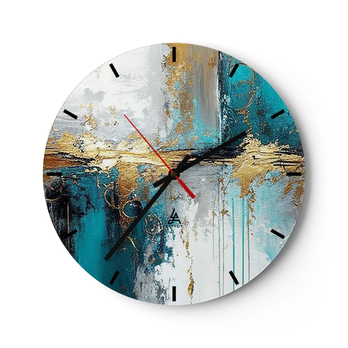 Relógio de parede - Relógio em vidro - Pinceladas abstratas em turquesa, branco e dourado - 30x30cm - Tudo flui - Decoração de parede moderna para a sala de estar, cozinha e quarto ARTTOR