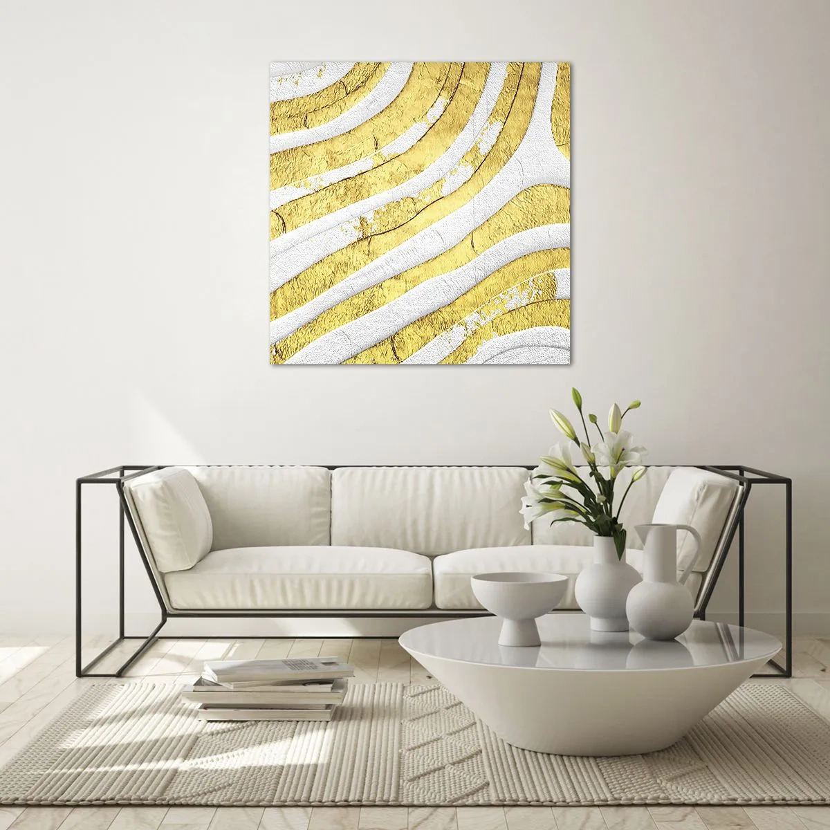 Quadro em vidro - Composição a branco e ouro - 40x40 cm