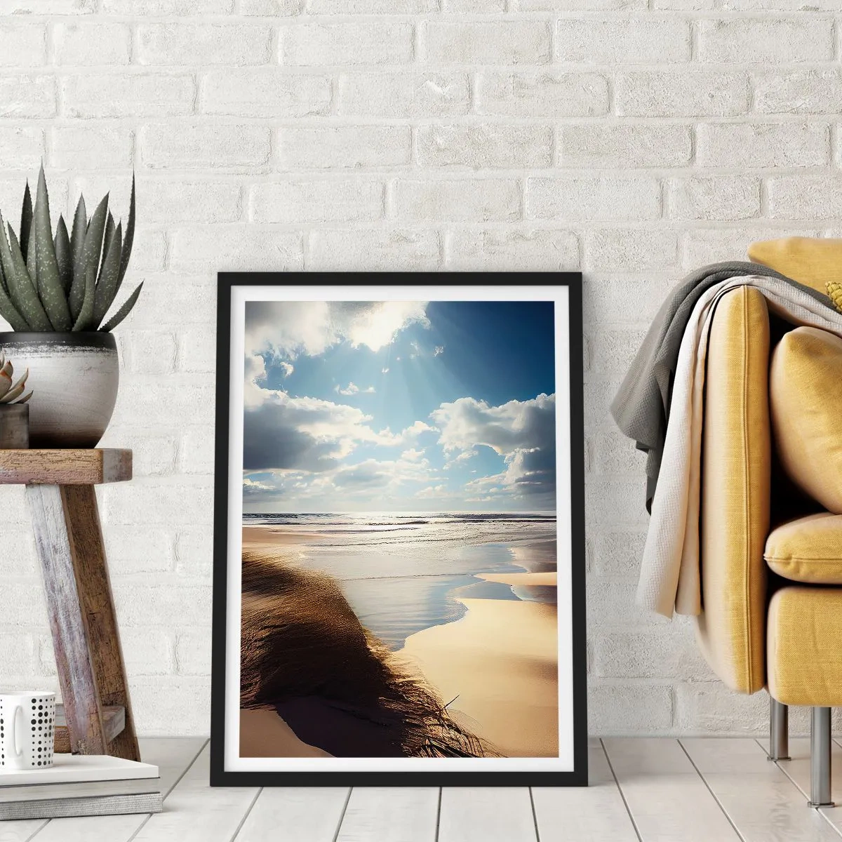 Pôster com moldura preta - Praia ao pôr do sol com ondas e nuvens - 50x70cm - Praia, praia selvagem - Decoração de parede moderna para a sala de estar e quarto ARTTOR