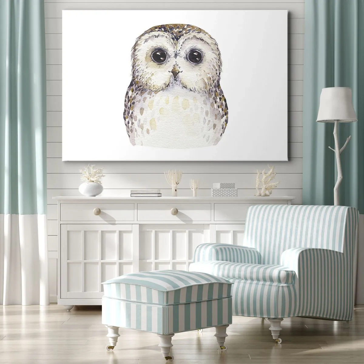 Quadro em tela - Retrato de uma coruja em um fundo claro com cores delicadas - 70x50cm - Olhe-me nos olhos - Decoração de parede moderna para a sala de estar e quarto ARTTOR