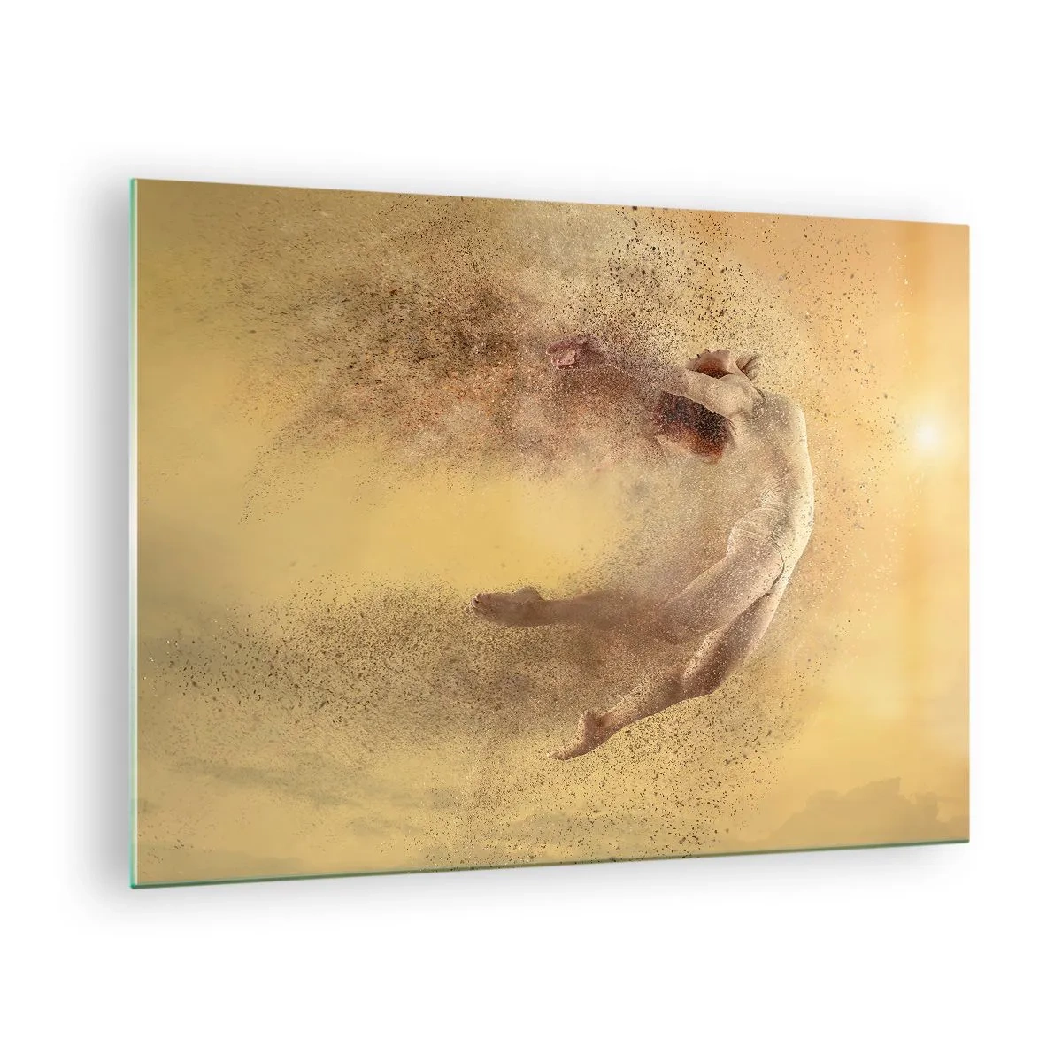 Quadro em vidro - Uma dançarina em uma composição dinâmica contra um fundo dourado - 70x50cm - Na exultação da dança - Decoração de parede moderna para a sala de estar e quarto ARTTOR
