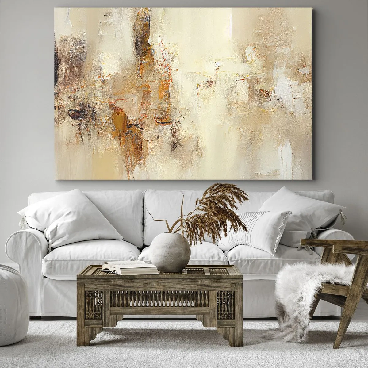Quadro em tela - Uma composição abstrata em tons quentes de amarelo e marrom. - 70x50cm - Alma de âmbar - Decoração de parede moderna para a sala de estar e quarto ARTTOR