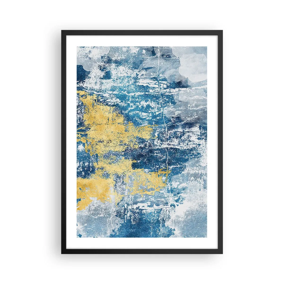 Pôster com moldura preta - Composição abstrata de azul e dourado em textura - 50x70cm - Abstração cheia de clima - Decoração de parede moderna para a sala de estar e quarto ARTTOR
