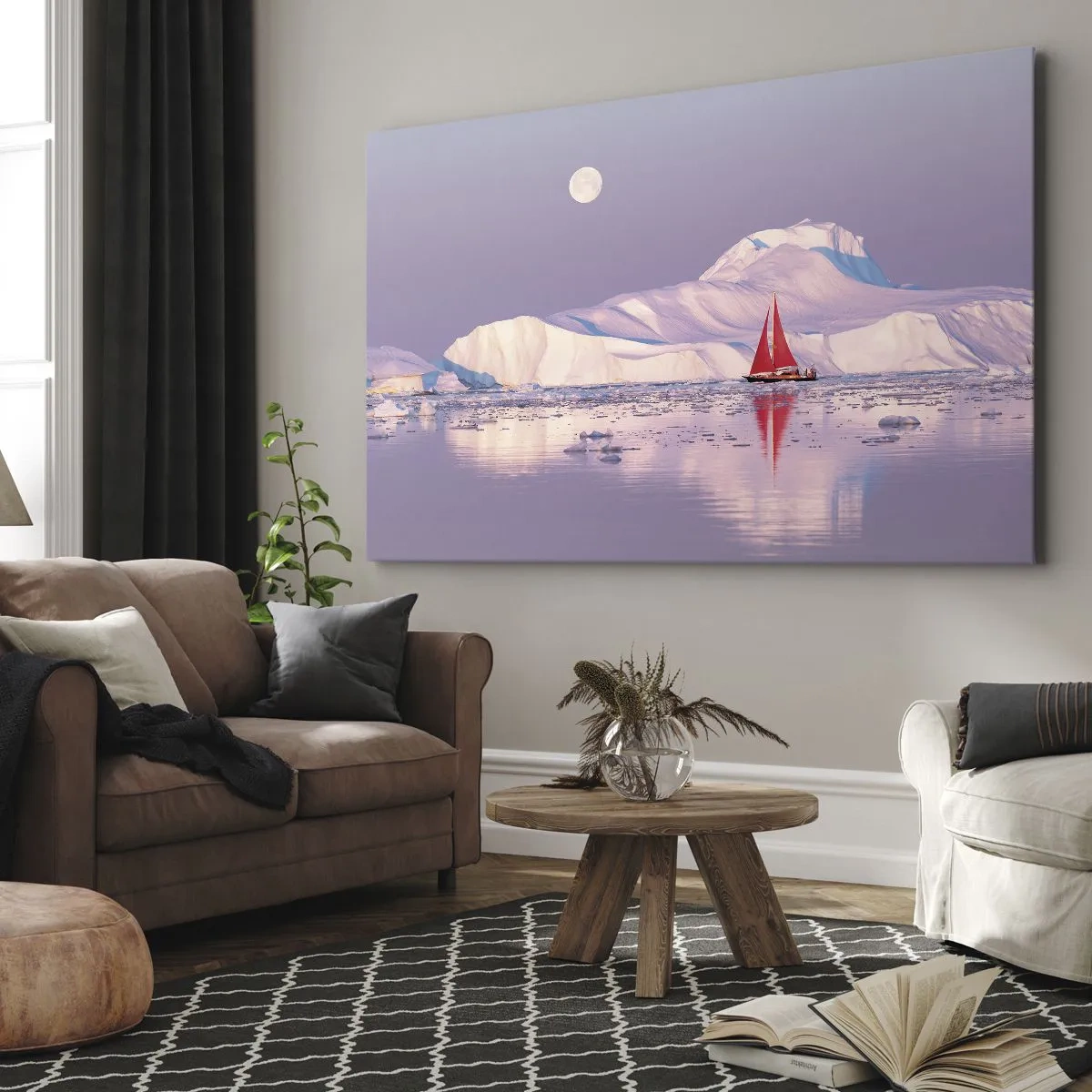 Quadro em tela - Uma vela vermelha tendo como pano de fundo montanhas geladas e uma lua cheia. - 70x50cm - O calor da vela, a frieza do gelo - Decoração de parede moderna para a sala de estar e quarto ARTTOR
