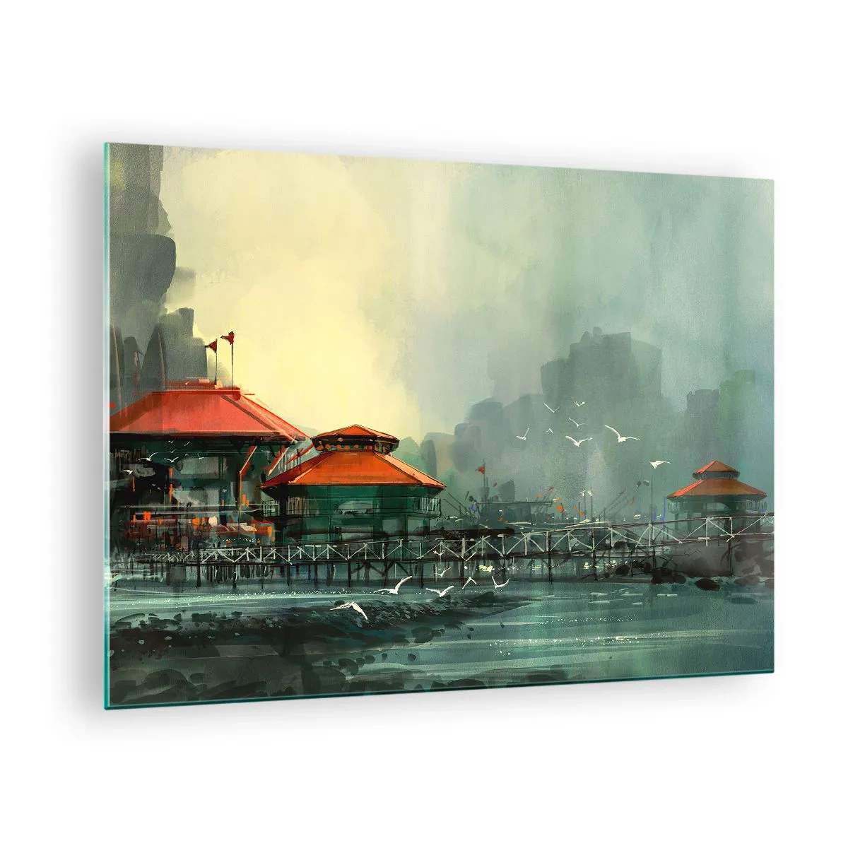 Quadro em vidro - Edifícios portuários com telhados vermelhos contra o nevoeiro - 70x50cm - Um dia ensolarado no porto - Decoração de parede moderna para a sala de estar e quarto ARTTOR
