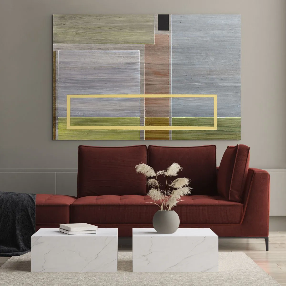 Quadro em vidro - Abstração moderna com formas retangulares e cores terrosas - 70x50cm - Simples e calmo - Decoração de parede moderna para a sala de estar e quarto ARTTOR