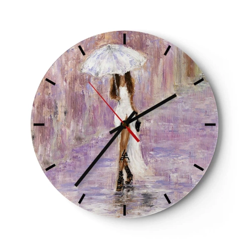 Relógio de parede - Relógio em vidro - A figura de uma mulher com um guarda-chuva na chuva, sobre um fundo lilás - 30x30cm - Na chuva lilás - Decoração de parede moderna para a sala de estar, cozinha e quarto ARTTOR