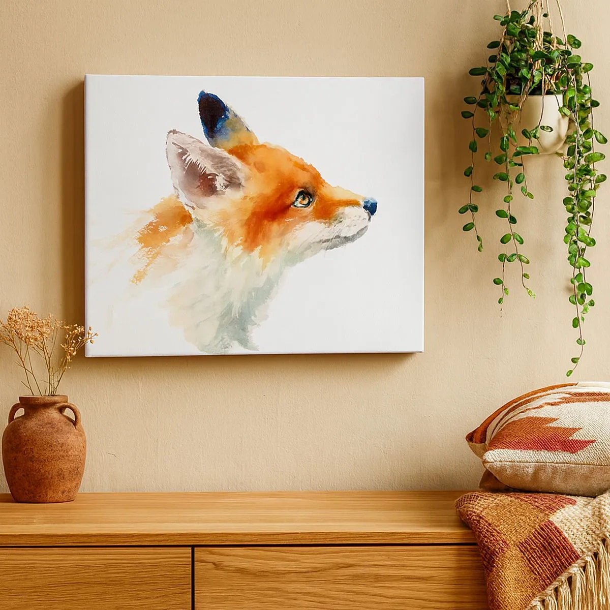 Quadro em tela - Raposa vermelha em estilo aquarela sobre fundo branco - 70x50cm - Nunca é demais ter cuidado - Decoração de parede moderna para a sala de estar e quarto ARTTOR