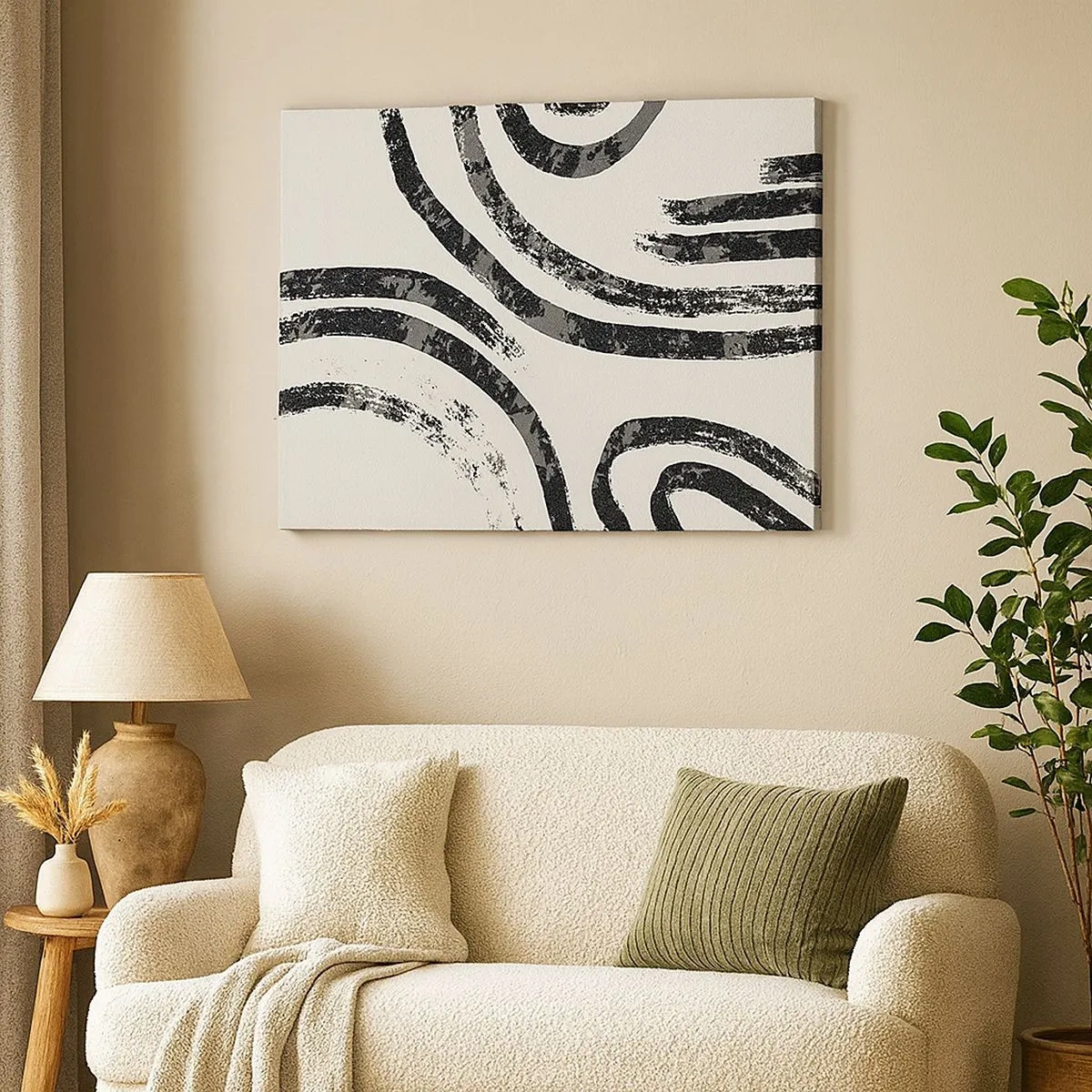 Quadro em tela - Linhas abstratas em preto e branco sobre um fundo claro - 70x50cm - Meio parado - Decoração de parede moderna para a sala de estar e quarto ARTTOR