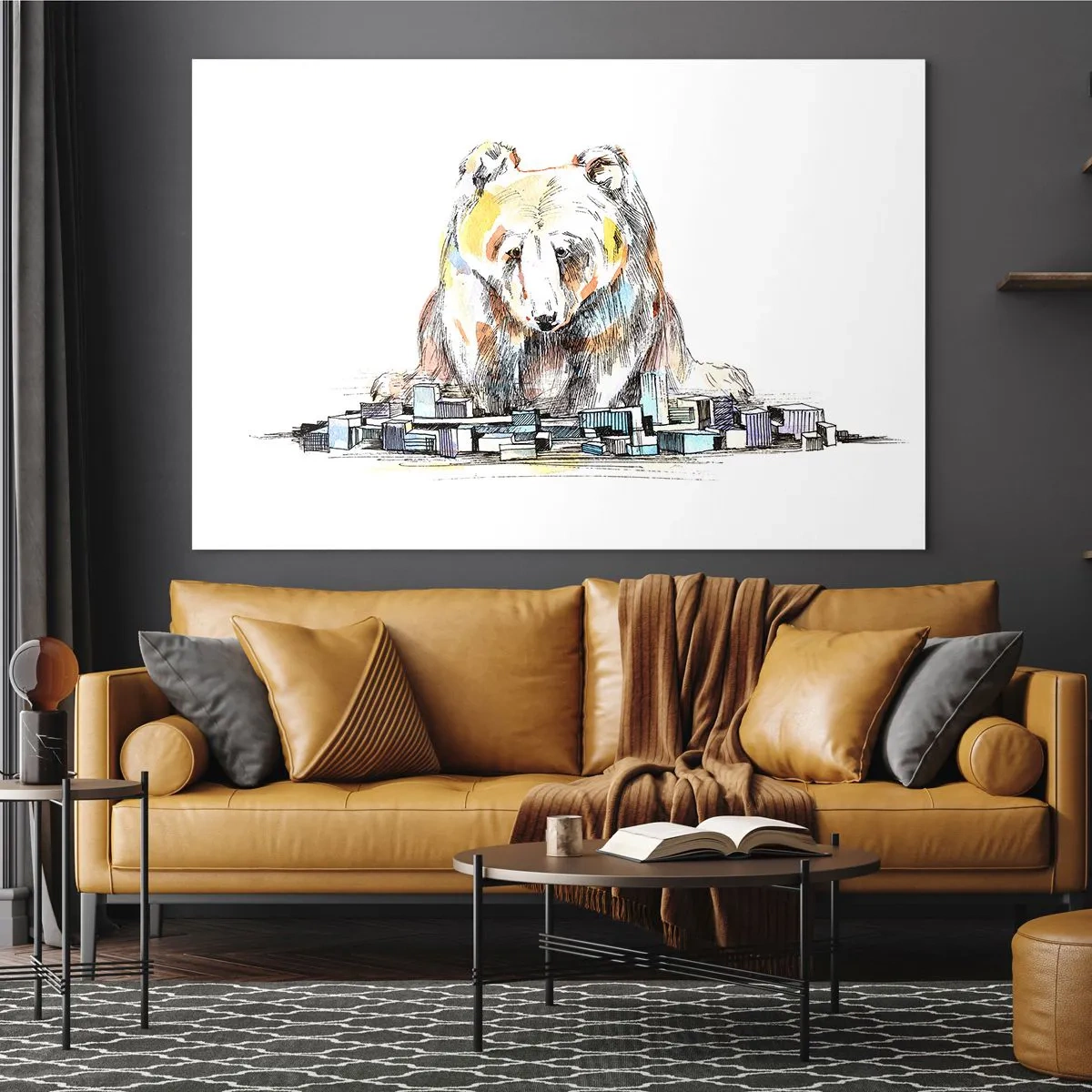 Quadro em vidro - Um urso olhando a cidade em uma composição artística - 70x50cm - Como viver assim? - Decoração de parede moderna para a sala de estar e quarto ARTTOR