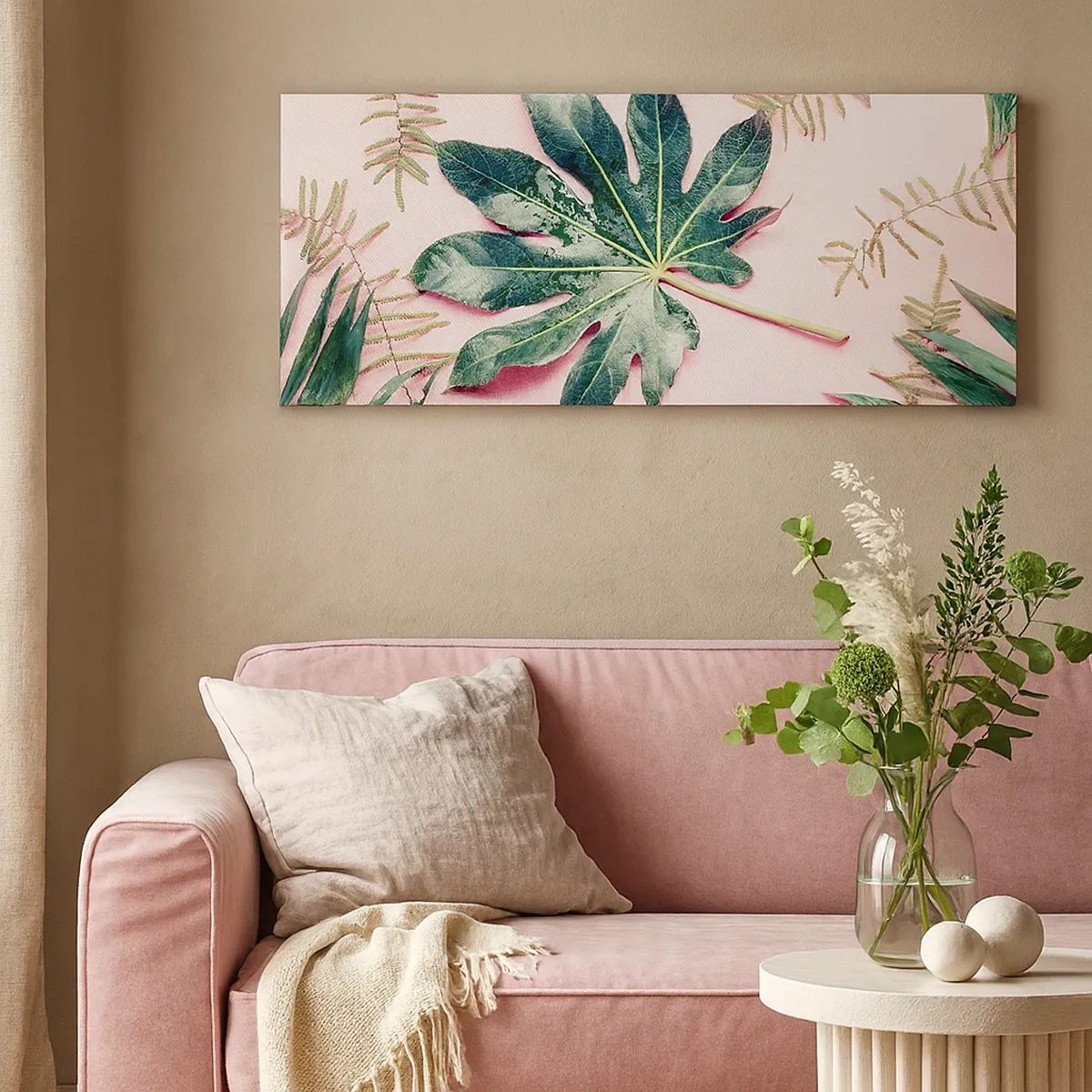 Quadro em tela - Estudo do verde em um fundo rosa - 30x30 cm