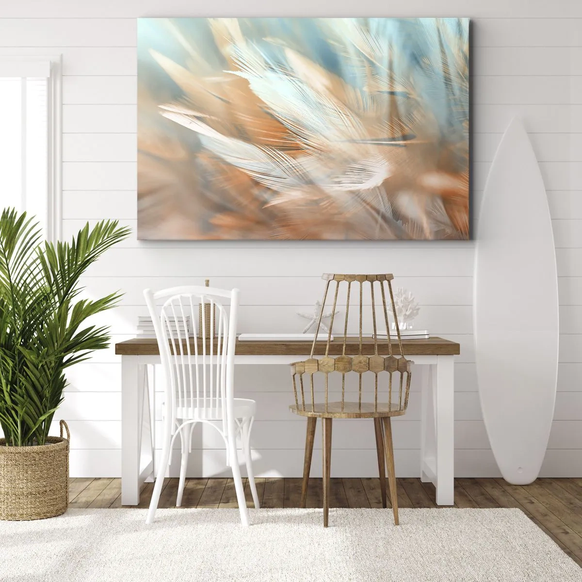 Quadro em tela - Penas delicadas em tons pastéis de azul e laranja - 70x50cm - Na terra da gentileza - Decoração de parede moderna para a sala de estar e quarto ARTTOR