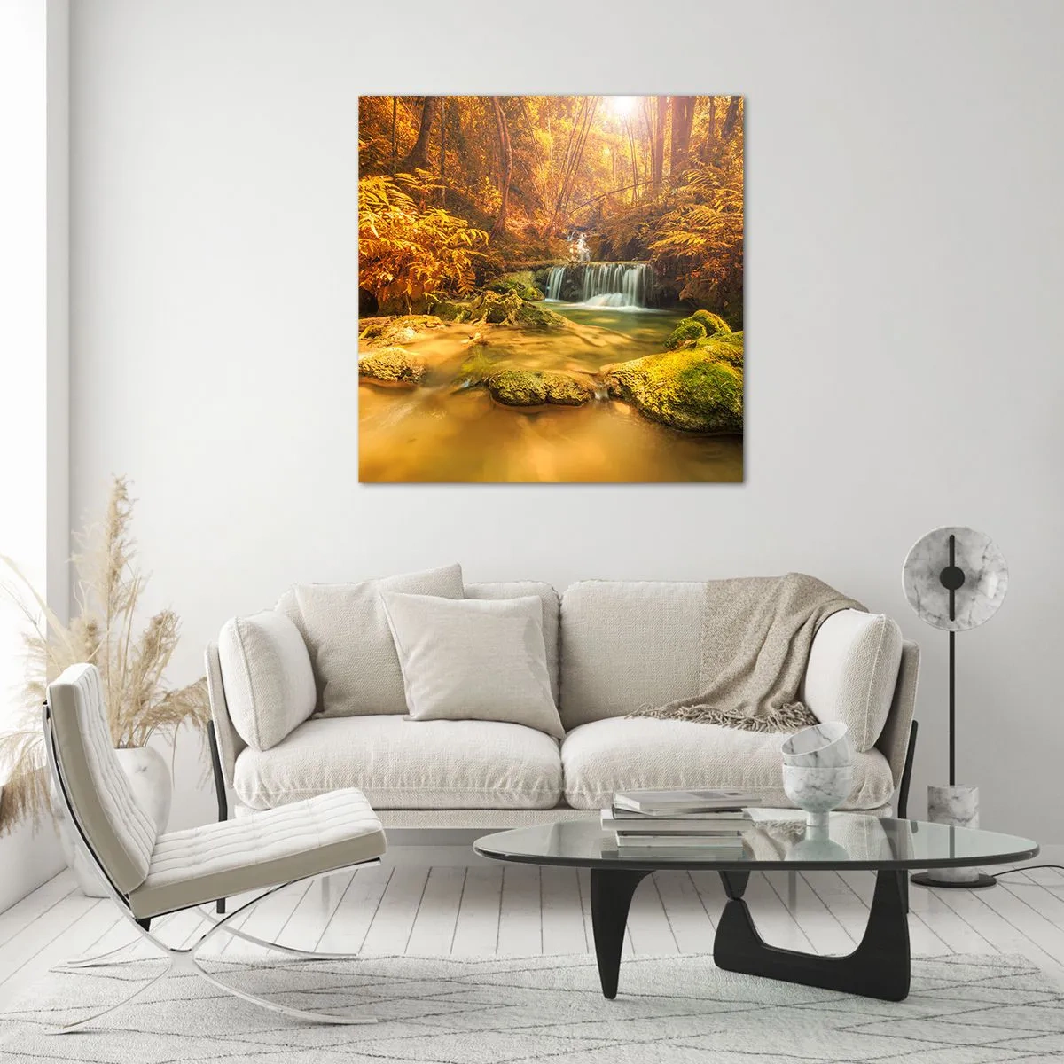 Quadro em vidro - Cascata na floresta em ouro - 30x30 cm