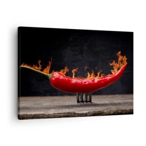 Quadro em tela - Pimentão vermelho flamejante em um garfo - 70x50cm - Aperitivo de fogo - Decoração de parede moderna para a sala de estar e quarto ARTTOR