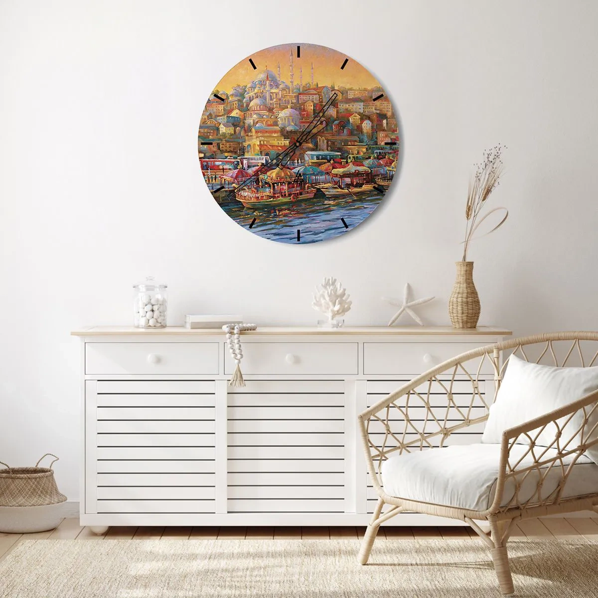 Relógio de parede - Relógio em vidro - Um panorama colorido do porto com arquitetura oriental - 30x30cm - Conto de Istambul - Decoração de parede moderna para a sala de estar, cozinha e quarto ARTTOR