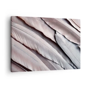 Quadro em tela - Penas delicadas em tons sutis de cinza e bege - 70x50cm - Em prateado rosa - Decoração de parede moderna para a sala de estar e quarto ARTTOR