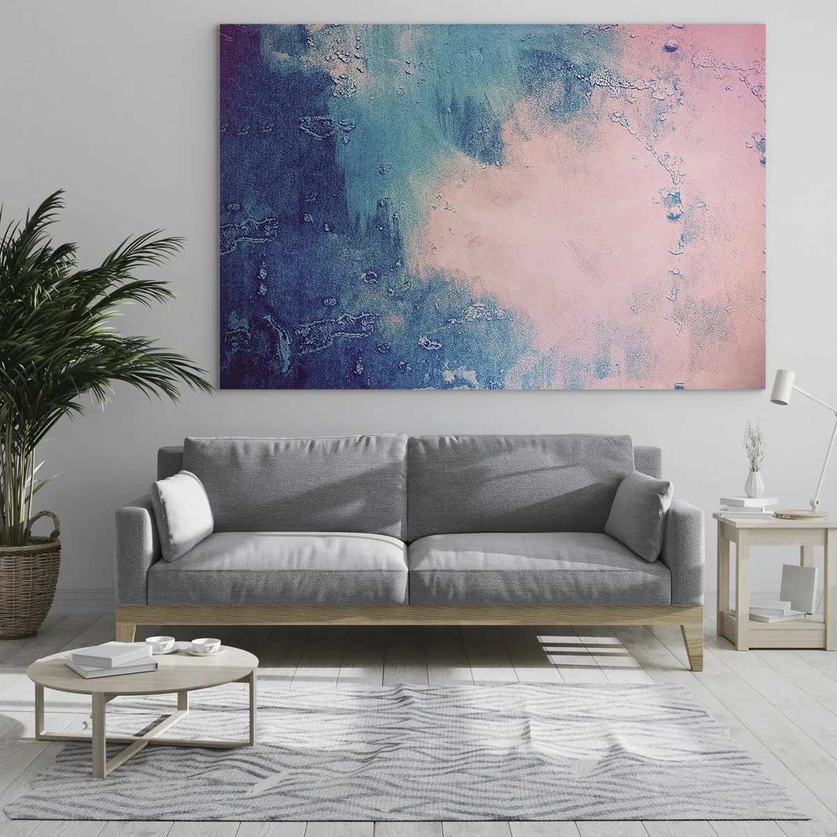 Quadro em vidro - Uma combinação abstrata de azul e rosa claro com textura - 70x50cm - Abraço azul - Decoração de parede moderna para a sala de estar e quarto ARTTOR