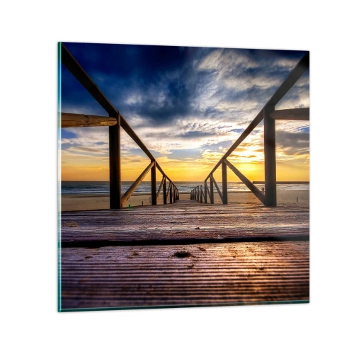 Quadro em vidro - Direto para a praia tranquila ao pôr do sol - 70x70 cm