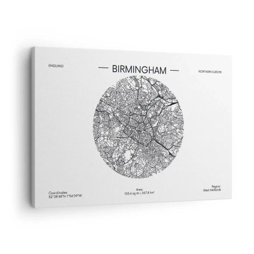 Quadro em tela - Um mapa minimalista em preto e branco de Birmingham com detalhes precisos. - 70x50cm - Anatomia de Birmingham - Decoração de parede moderna para a sala de estar e quarto ARTTOR