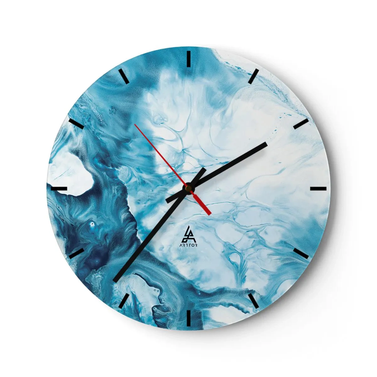 Relógio de parede - Relógio em vidro - Ondas azuis abstratas em tons de branco e turquesa - 30x30cm - Concerto Azul - Decoração de parede moderna para a sala de estar, cozinha e quarto ARTTOR