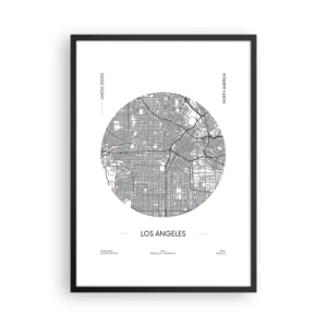 Pôster com moldura preta - Um mapa minimalista de Los Angeles em preto e branco. - 50x70cm - Anatomia de Los Angeles - Decoração de parede moderna para a sala de estar e quarto ARTTOR