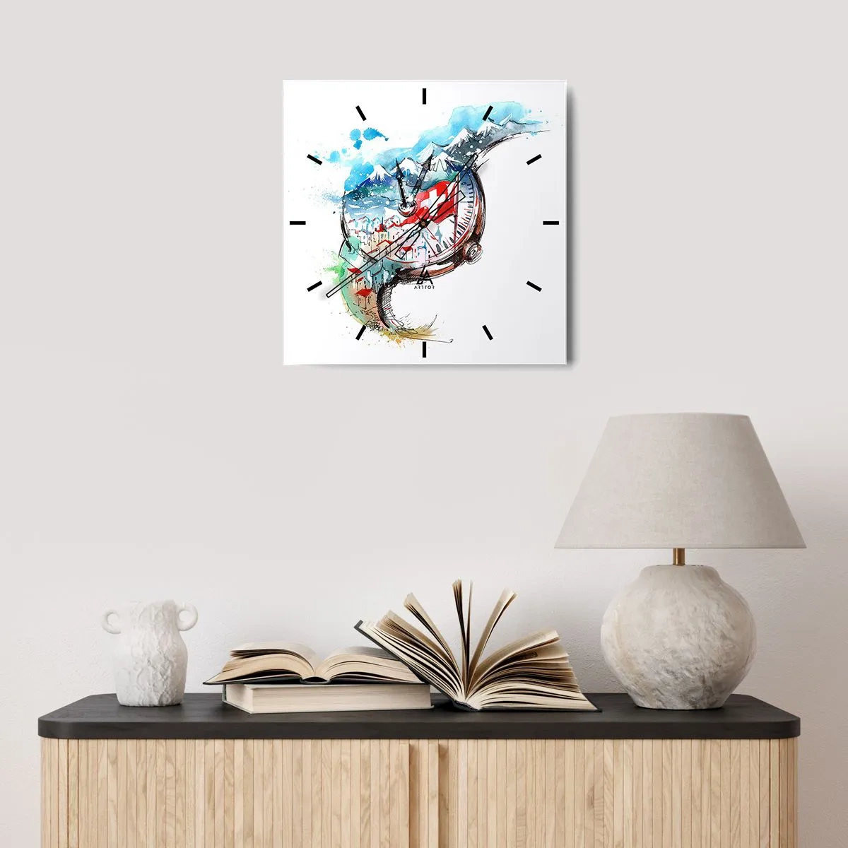 Relógio de parede - Relógio em vidro - O Espírito da Suíça - 40x40 cm