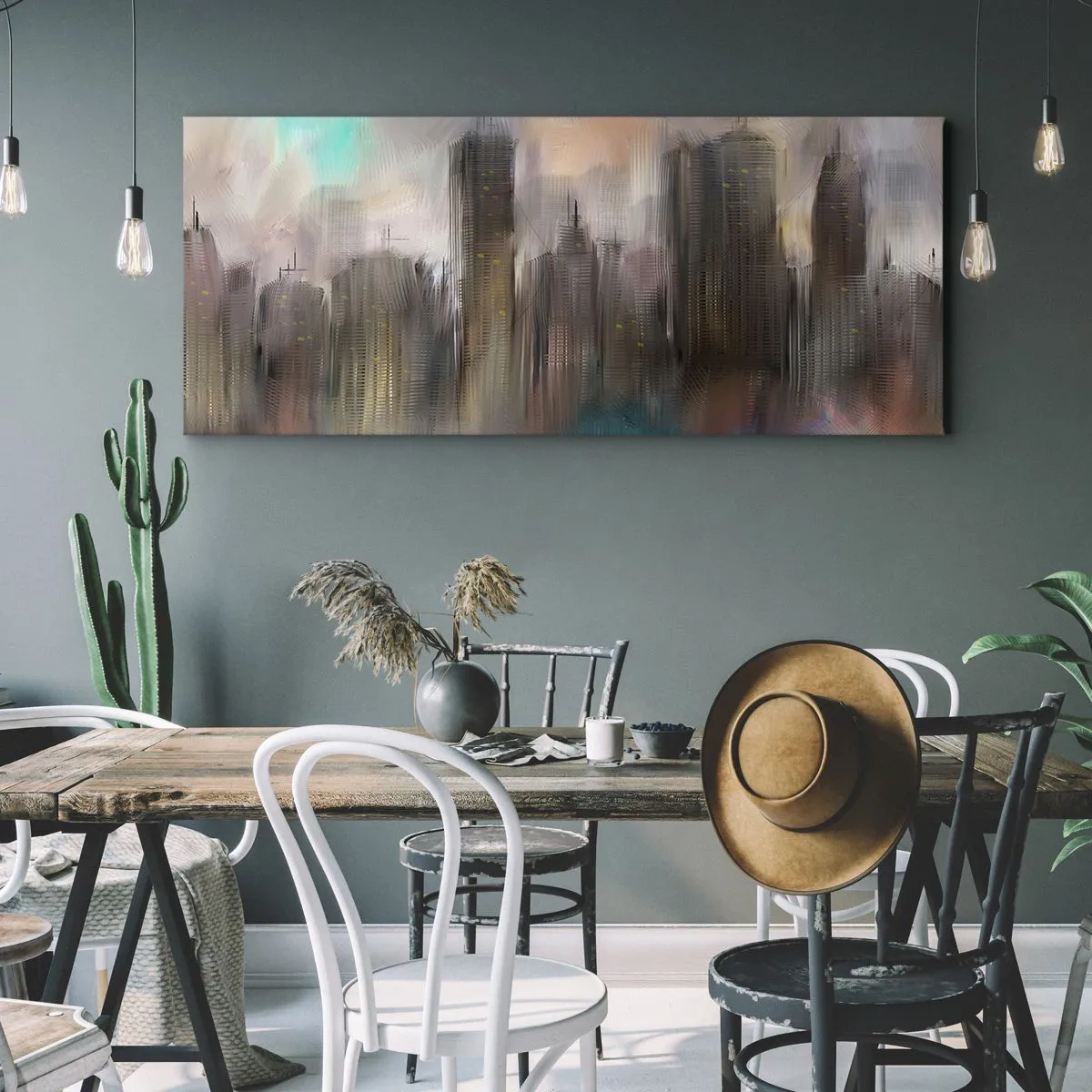 Quadro em tela - Composição de aço, pedra e névoa - 100x40 cm