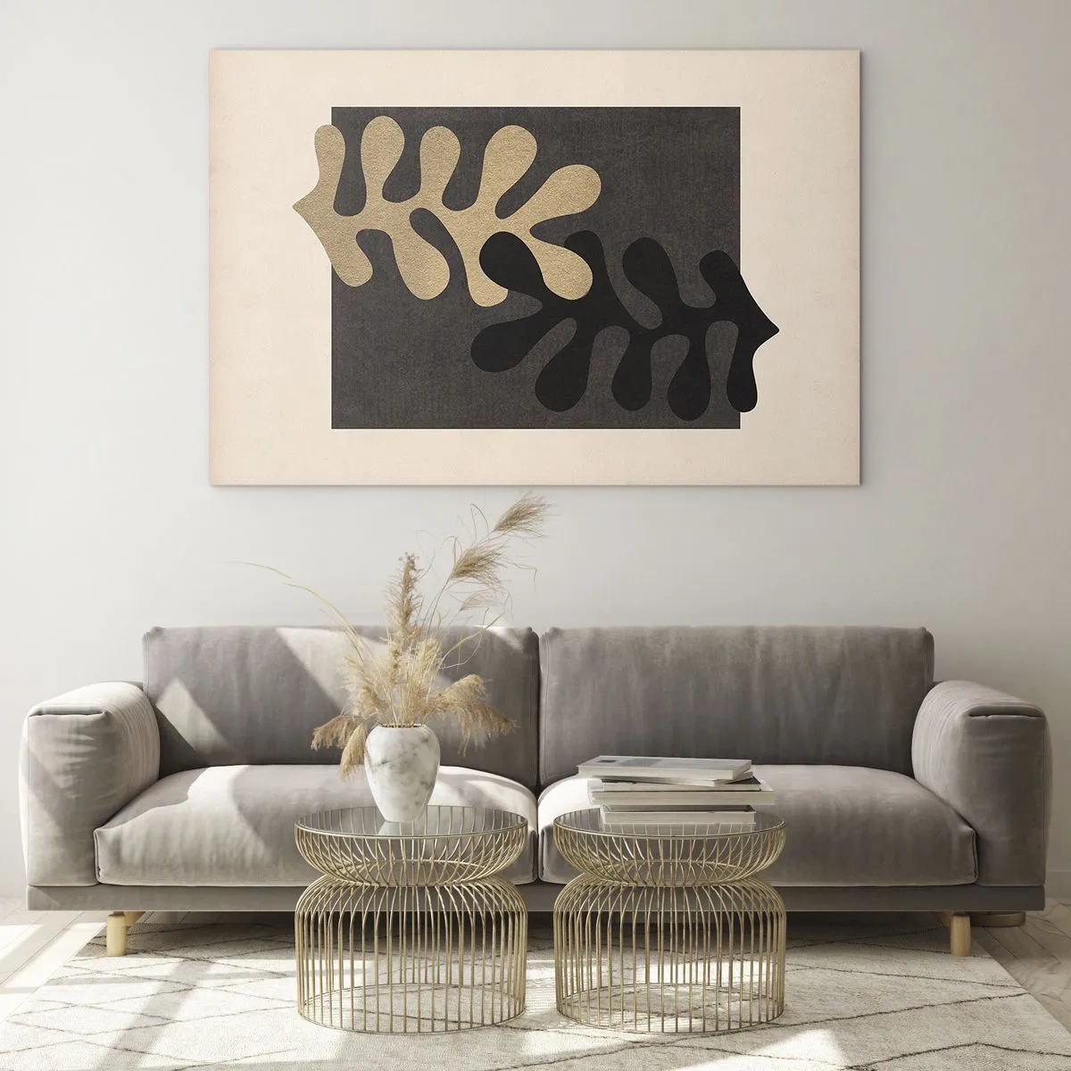 Quadro em vidro - Formas abstratas em preto e bege sobre um fundo geométrico - 70x50cm - Ausência e complemento - Decoração de parede moderna para a sala de estar e quarto ARTTOR