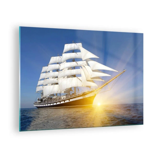 Quadro em vidro - Um veleiro iluminado pelos raios do sol em mar aberto - 70x50cm - O seu tempo nunca passará - Decoração de parede moderna para a sala de estar e quarto ARTTOR