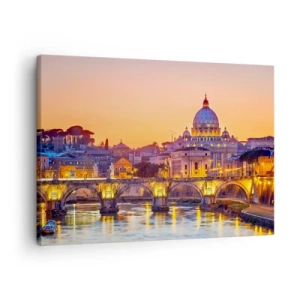Quadro em tela - Panorama do Vaticano ao pôr do sol com uma ponte sobre o rio - 70x50cm - Crepúsculo sobre a Cidade Eterna - Decoração de parede moderna para a sala de estar e quarto ARTTOR