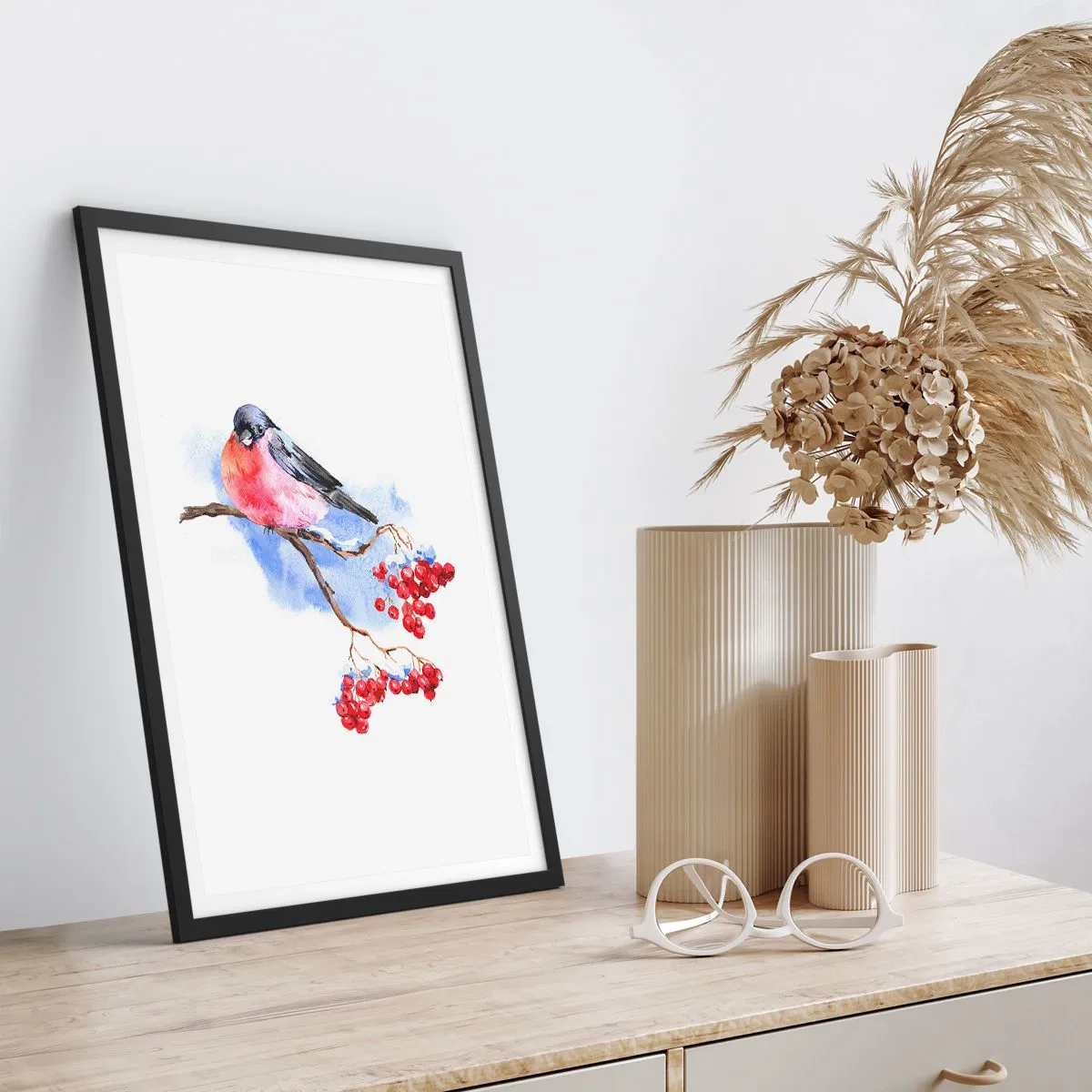 Pôster com moldura preta - Um pássaro em um galho com frutas vermelhas - 50x70cm - Inverno a cores - Decoração de parede moderna para a sala de estar e quarto ARTTOR