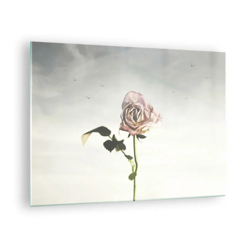 Quadro em vidro - Uma rosa delicada contra o céu com pássaros voando - 70x50cm - Boas-vindas da primavera - Decoração de parede moderna para a sala de estar e quarto ARTTOR