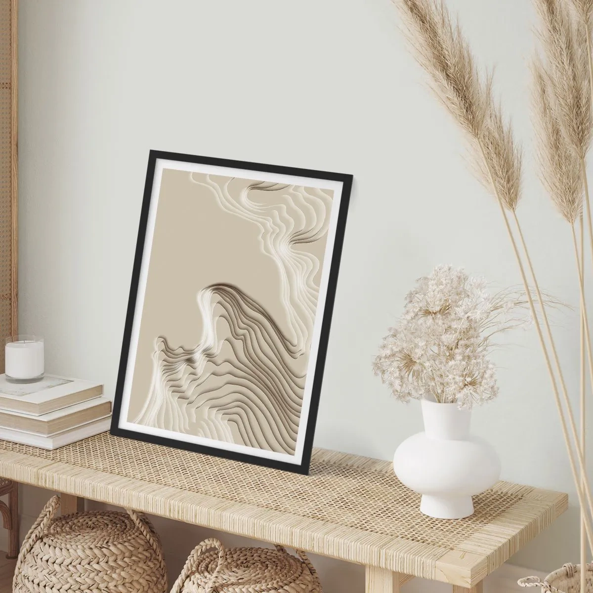 Pôster com moldura preta - Ondas em camadas em tons de bege e marrom - 50x70cm - Topografia da arte - Decoração de parede moderna para a sala de estar e quarto ARTTOR