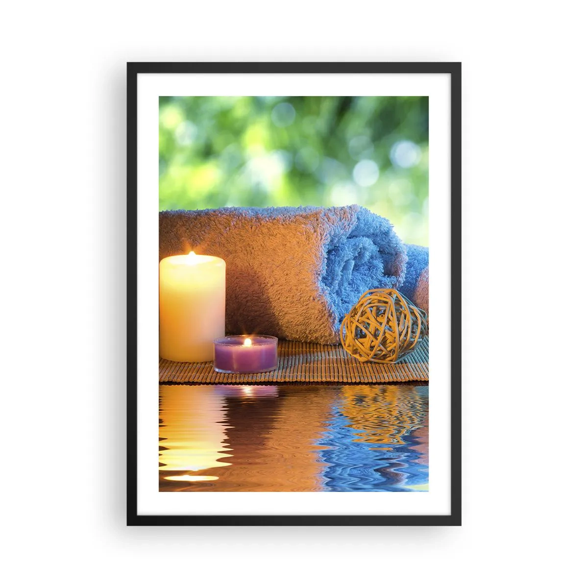 Pôster com moldura preta - Velas e uma toalha em uma paisagem natural - 50x70cm - Tempo para o corpo - Decoração de parede moderna para a sala de estar e quarto ARTTOR