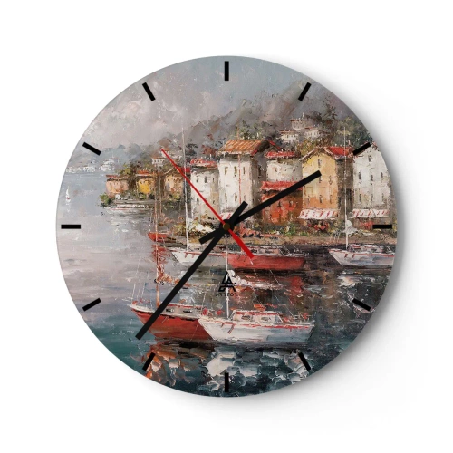 Relógio de parede - Relógio em vidro - Um porto pitoresco com veleiros e edifícios costeiros - 30x30cm - Refúgio romântico - Decoração de parede moderna para a sala de estar, cozinha e quarto ARTTOR