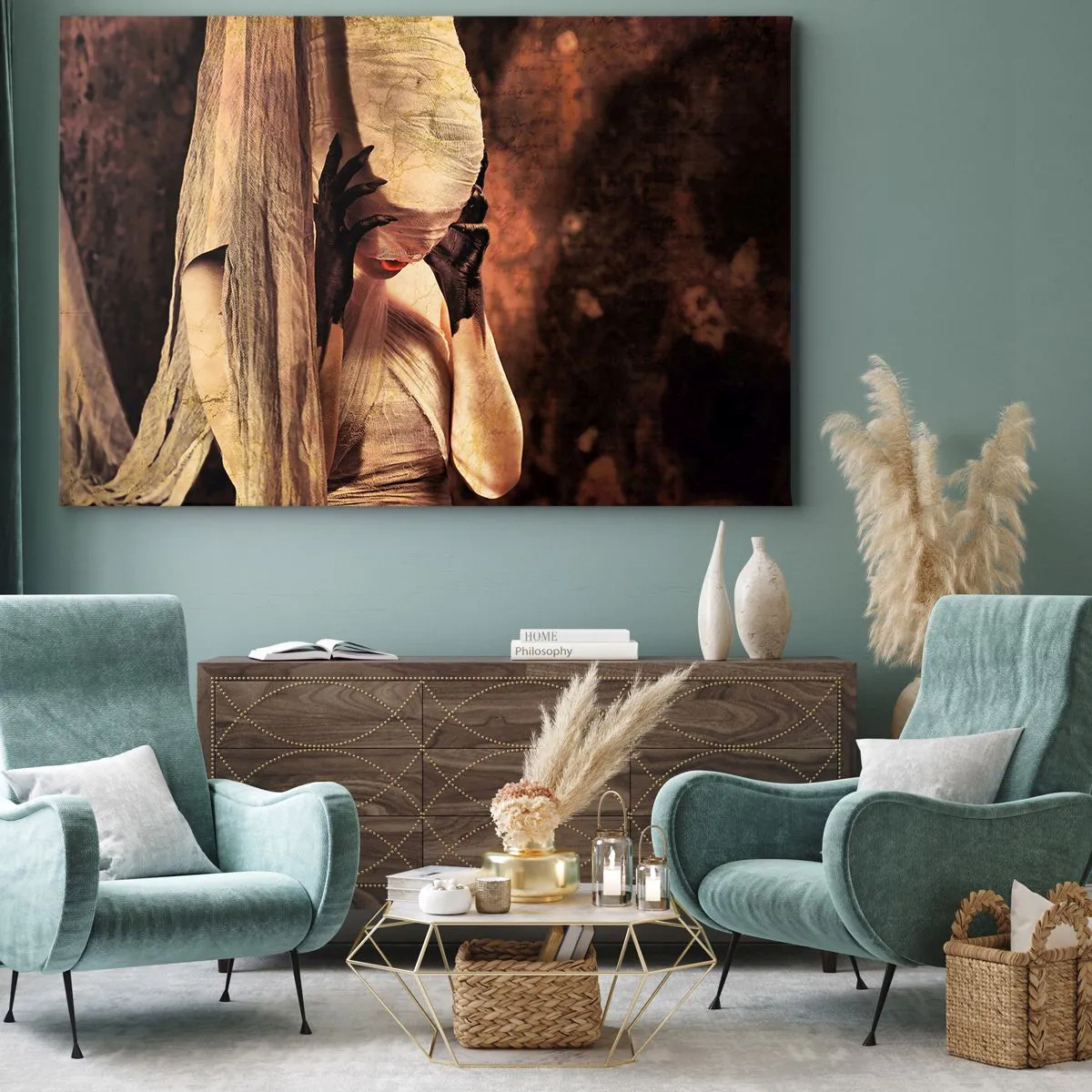 Quadro em tela - Uma mulher com um véu e um estilo misterioso em um fundo escuro - 70x50cm - Entre o bem e o mal - Decoração de parede moderna para a sala de estar e quarto ARTTOR