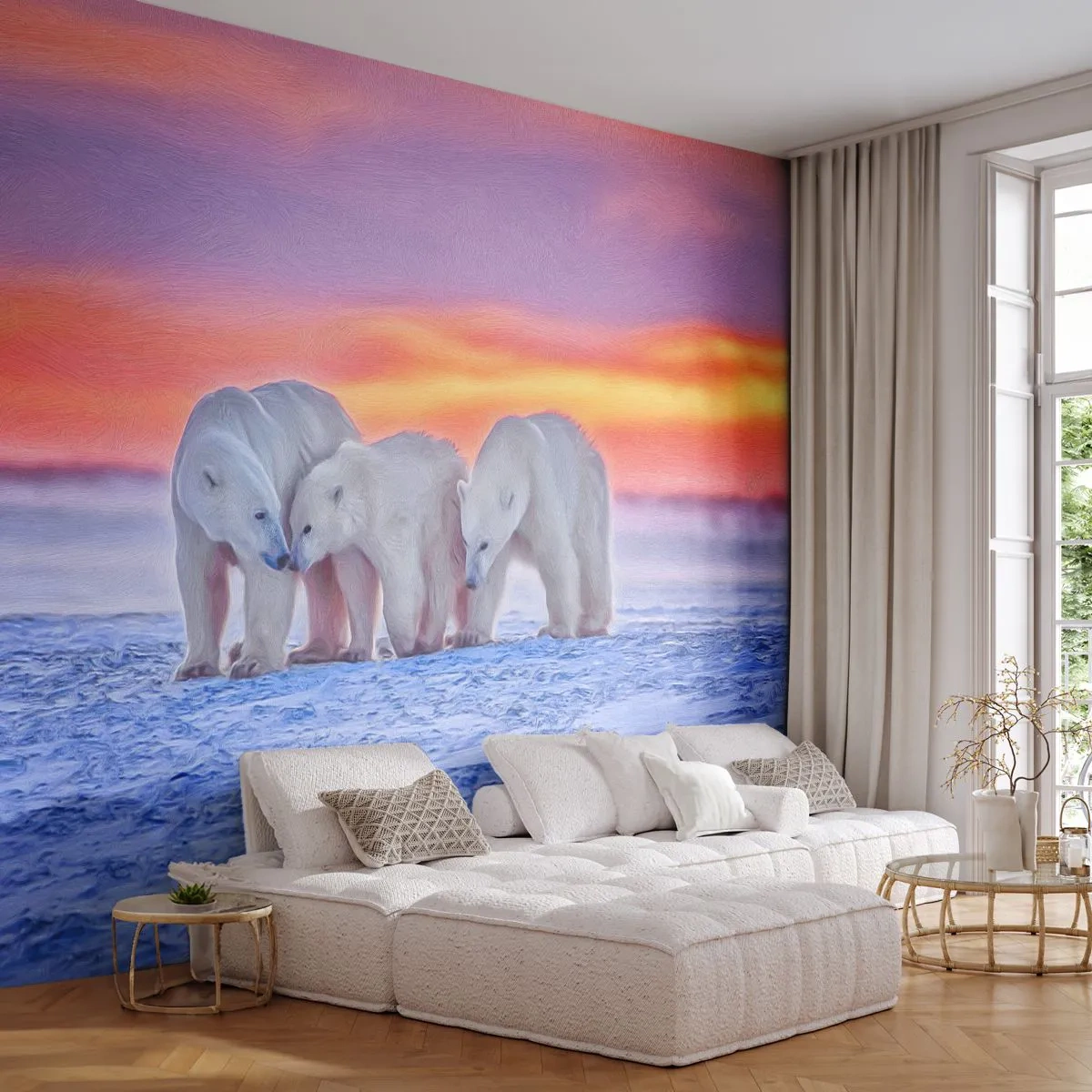 Papel de Parede Autocolante Deluxe Sticker - Tudo o que precisa é de aconchego familiar - Animais, Urso polar, Neve - 250x175 cm