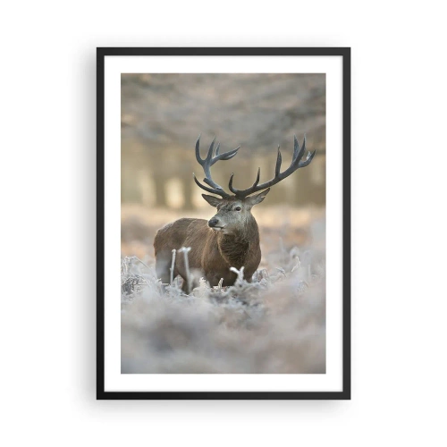 Pôster com moldura preta - Um cervo imponente em um cenário de floresta de inverno - 50x70cm - Uma manhã fresca - Decoração de parede moderna para a sala de estar e quarto ARTTOR