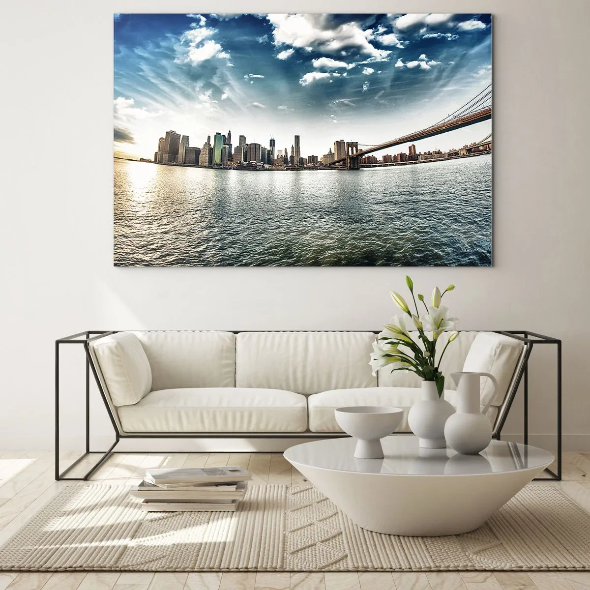 Quadro em vidro - Panorama da cidade de Nova York com a Ponte do Brooklyn - 70x50cm - Ilha de Vidro - Decoração de parede moderna para a sala de estar e quarto ARTTOR