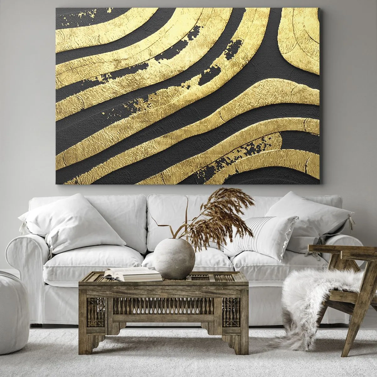 Quadro em tela - Ondas abstratas douradas em um fundo preto - 70x50cm - Tudo flui - Decoração de parede moderna para a sala de estar e quarto ARTTOR