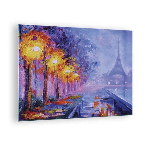 Quadro em vidro - Passeio noturno em Paris com a Torre Eiffel - 70x50cm - Uma caminhada dos sonhos - Decoração de parede moderna para a sala de estar e quarto ARTTOR