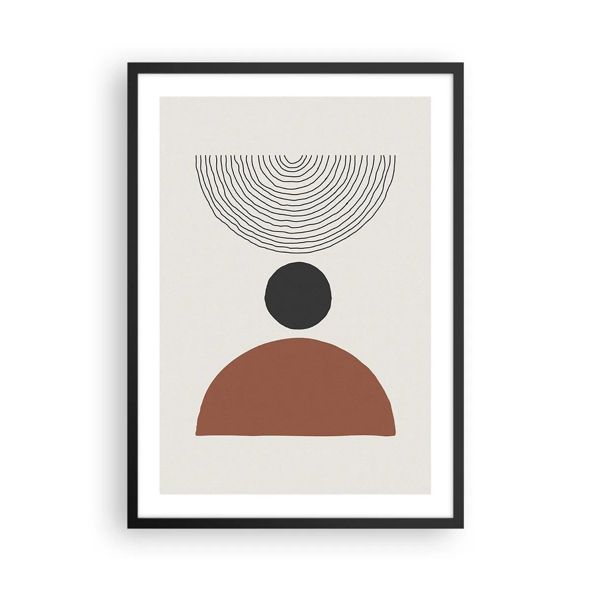 Pôster com moldura preta - Motivo geométrico com semicírculo e linhas sobre fundo claro - 50x70cm - Em destaque - Decoração de parede moderna para a sala de estar e quarto ARTTOR